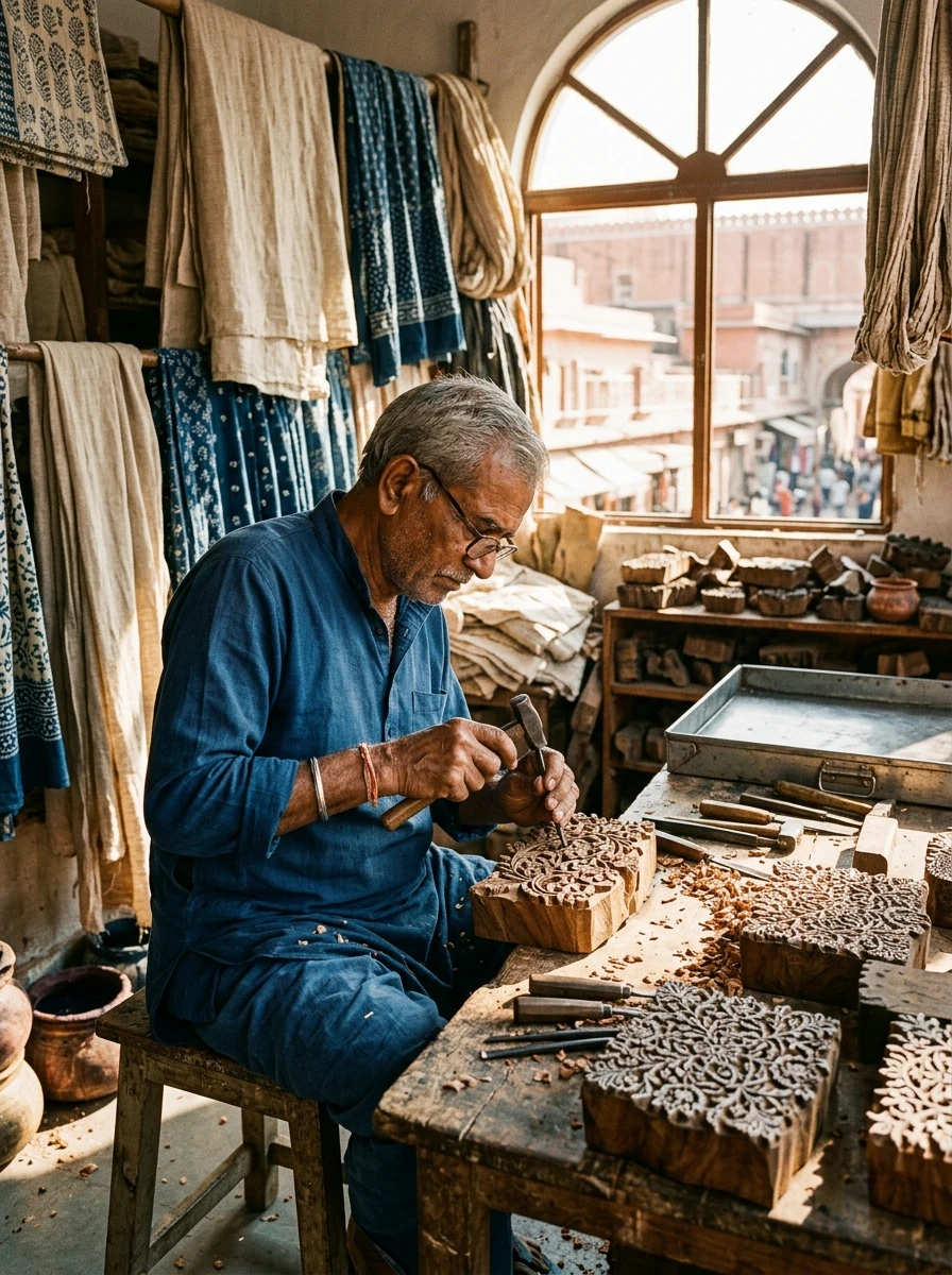 Master artisan hand-carving wooden block print in Rajasthan