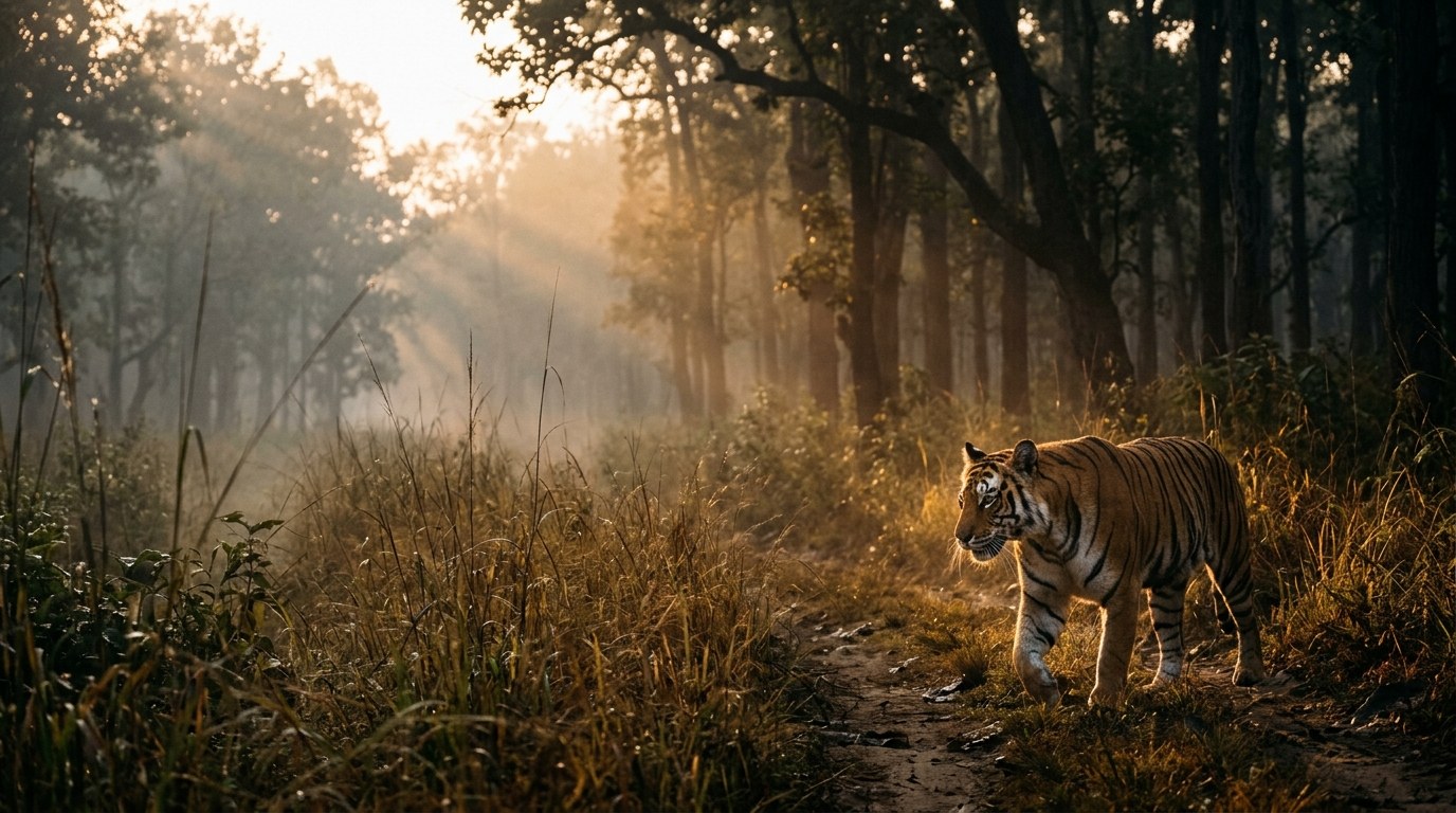 Royal Bengal Tigress Emerging in Sanctuary Mist at Dawn